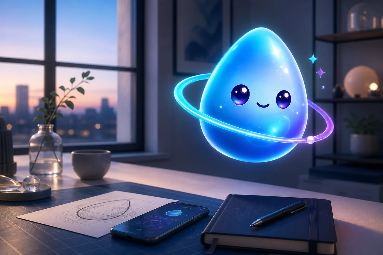 Blue Bree floating beside an early product sketch, app prototype, and review notebook.