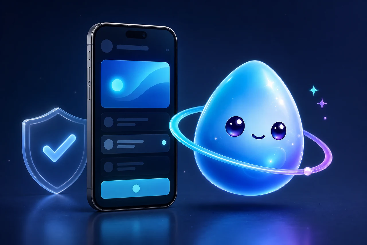 Blue Bree beside a phone and trust shield representing a controlled app preview.