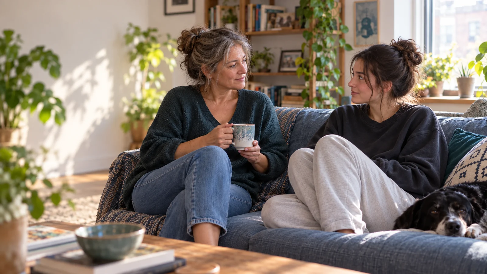 A parent and her adult daughter in a warm, unhurried conversation